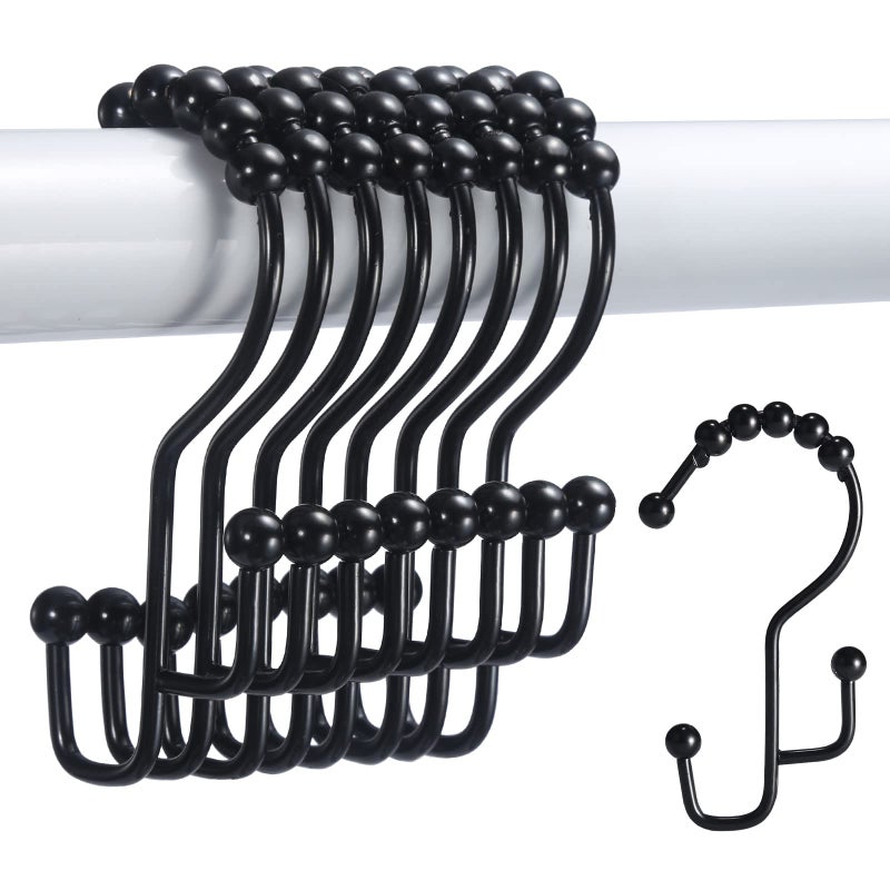 SUTINE Shower Curtain Rings  SUTINE Shower Curtain Hooks  Stainless Steel Black Shower Curtain Hooks Rust Proof  Easy Sliding Double Shower Hooks for Shower Curtains  Curtain & Liners  12pcs-Black - Image 1